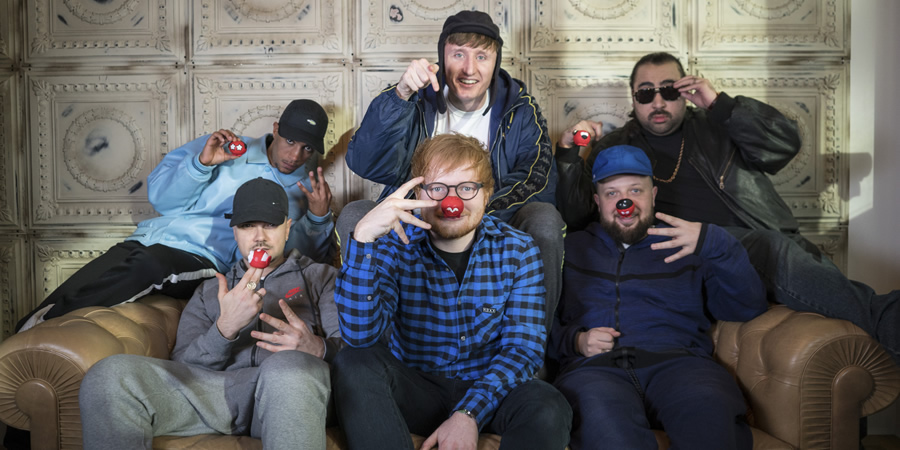 People Just Do Nothing. Image shows from L to R: Grindah (Allan Mustafa), Decoy (Daniel Sylvester Woolford), Ed Sheeran, Steves (Steve Stamp), Beats (Hugo Chegwin), Chabuddy G (Asim Chaudhry). Copyright: Roughcut Television