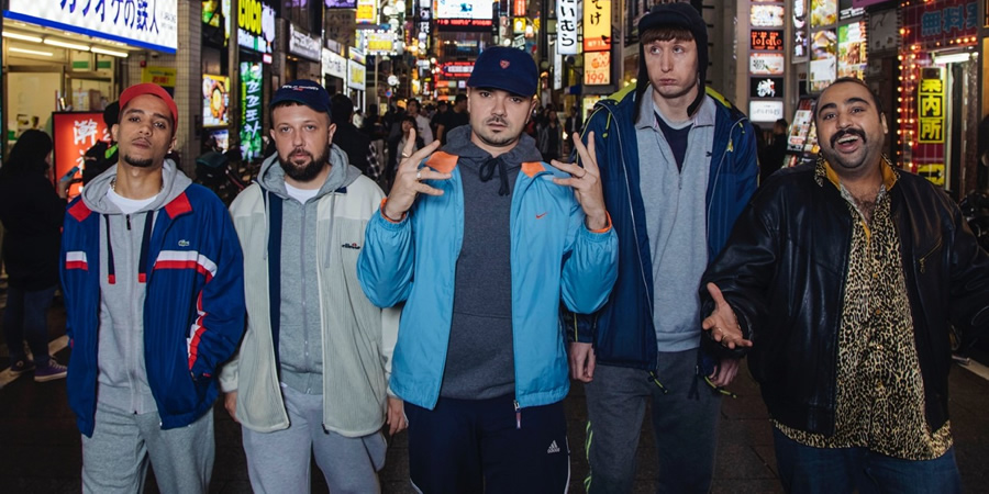 People Just Do Nothing: Big In Japan. Image shows from L to R: Decoy (Daniel Sylvester Woolford), DJ Beats (Hugo Chegwin), MC Grindah (Allan Mustafa), Steves (Steve Stamp), Chabuddy G (Asim Chaudhry)