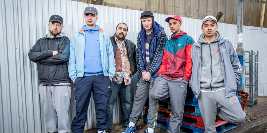 People Just Do Nothing. Image shows from L to R: Beats (Hugo Chegwin), Grindah (Allan Mustafa), Chabuddy G (Asim Chaudhry), Steves (Steve Stamp), Decoy (Daniel Sylvester Woolford), Fantasy (Marvin Jay Alvarez). Copyright: Roughcut Television