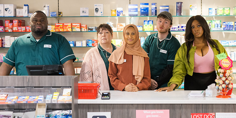 The Pharmacy. Image shows left to right: Zein (Nabil Abdulrashid), Margaret (Sue Vincent), Lola (Ola Labib), Harry (Finlay Christie), Verona Rose