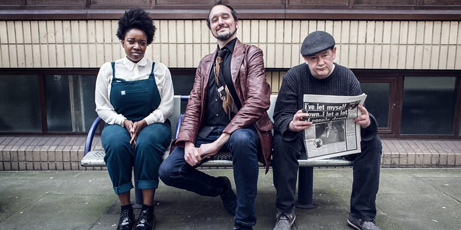 Phil Ellis Is Trying. Image shows from L to R: Lolly (Lolly Adefope), Phil (Phil Ellis), Johnny (Johnny Vegas). Copyright: BBC