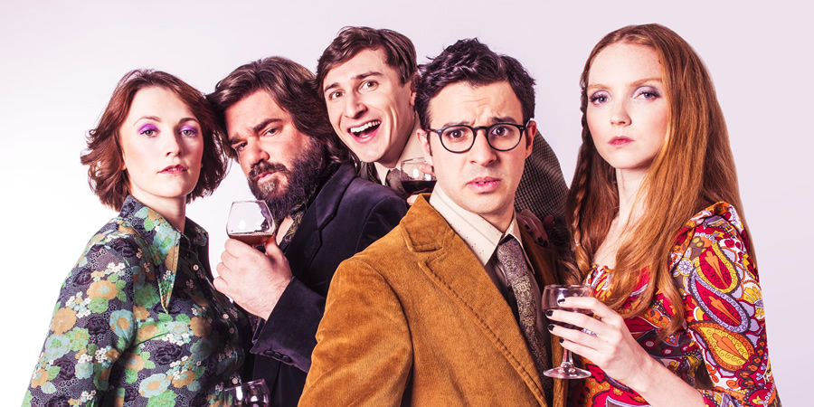 The Philanthropist. Image shows from L to R: Charlotte Ritchie, Matt Berry, Tom Rosenthal, Simon Bird, Lily Cole. Copyright: Shaun Webb