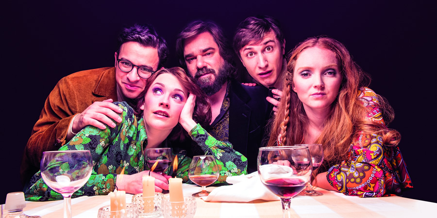 The Philanthropist. Image shows from L to R: Simon Bird, Charlotte Ritchie, Matt Berry, Tom Rosenthal, Lily Cole. Copyright: Shaun Webb