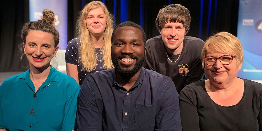 The Placebo Effect. Image shows from L to R: Felicity Ward, Lauren Pattison, Kwame Asante, Tom Ward, Tracey Smith. Copyright: BBC