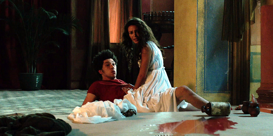 Plebs. Image shows from L to R: Stylax (Joel Fry), Ursula (Michelle Keegan). Copyright: RISE Films