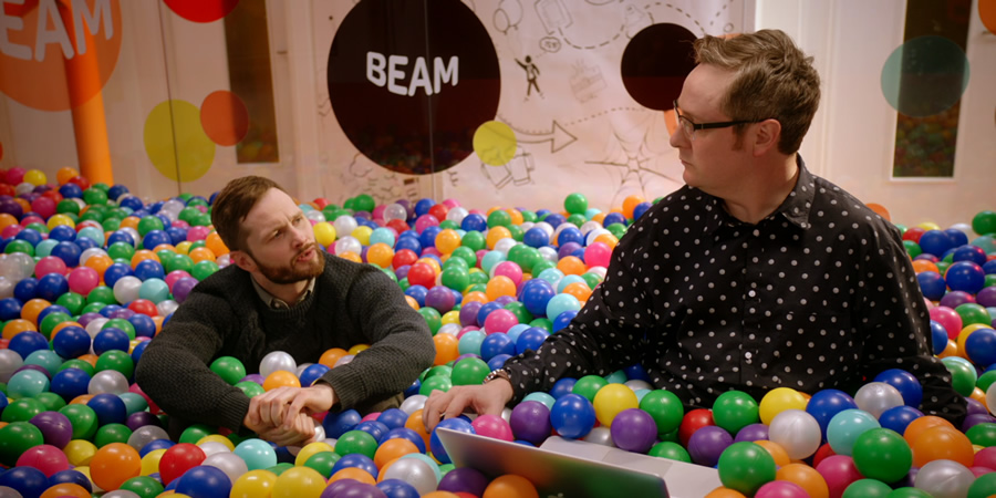 Pls Like. Image shows from L to R: Liam (Liam Williams), James Wirm (Tim Key). Copyright: Left Bank Pictures