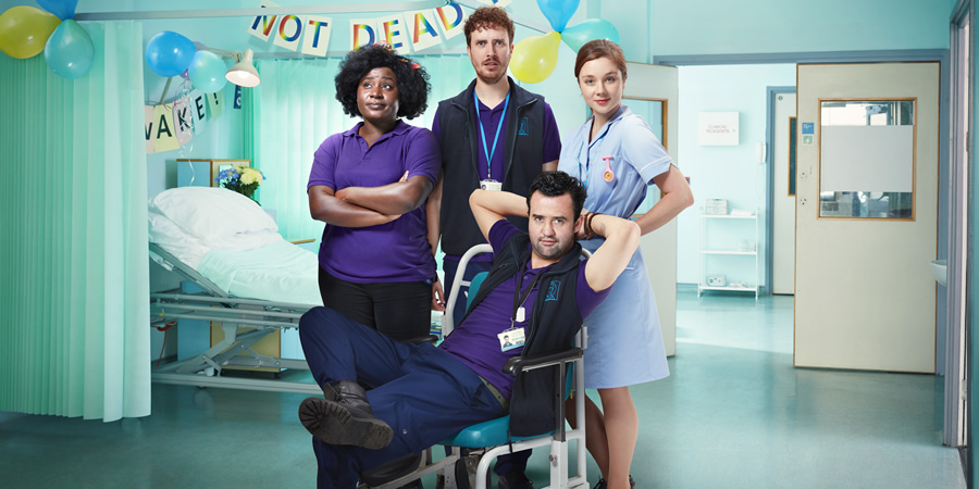 Porters. Image shows from L to R: Frankie (Susan Wokoma), Simon Porter (Edward Easton), Anthony De La Mer (Daniel Mays), Lucy (Claudia Jessie)