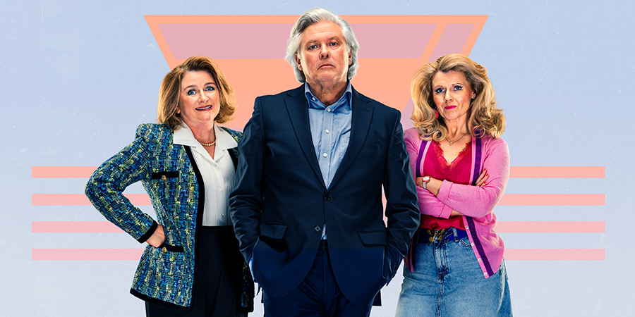 The Power Of Parker. Image shows left to right: Diane Parker (Rosie Cavaliero), Martin Parker (Conleth Hill), Kath (Sian Gibson)