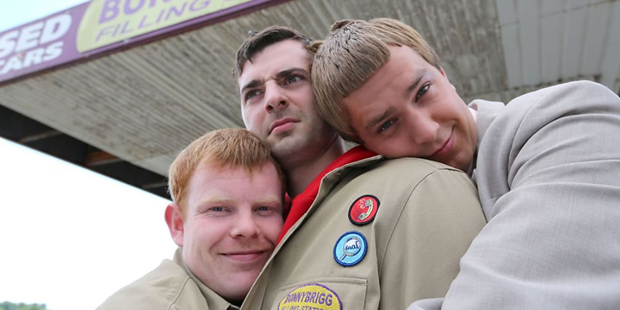 Pumped. Image shows from L to R: Wendy (James Allenby-Kirk), Fletch (Daniel Cahill), Spunk (Iain Stirling). Copyright: BBC