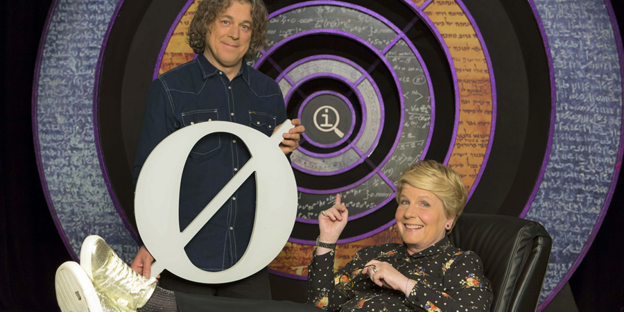 QI. Image shows from L to R: Alan Davies, Sandi Toksvig. Copyright: TalkbackThames