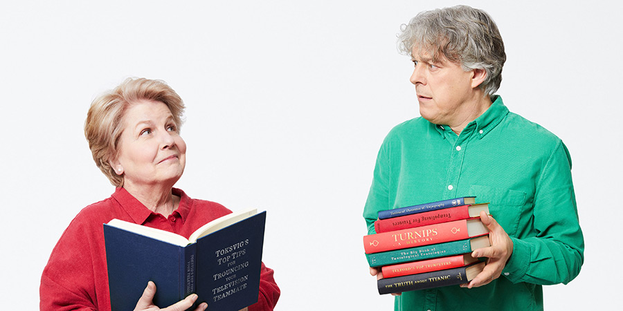 QI. Image shows left to right: Sandi Toksvig, Alan Davies