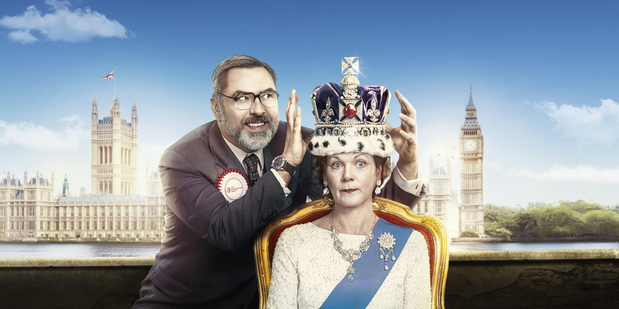 The Queen And I. Image shows from L to R: Jack Barker (David Walliams), The Queen (Samantha Bond). Copyright: King Bert Productions