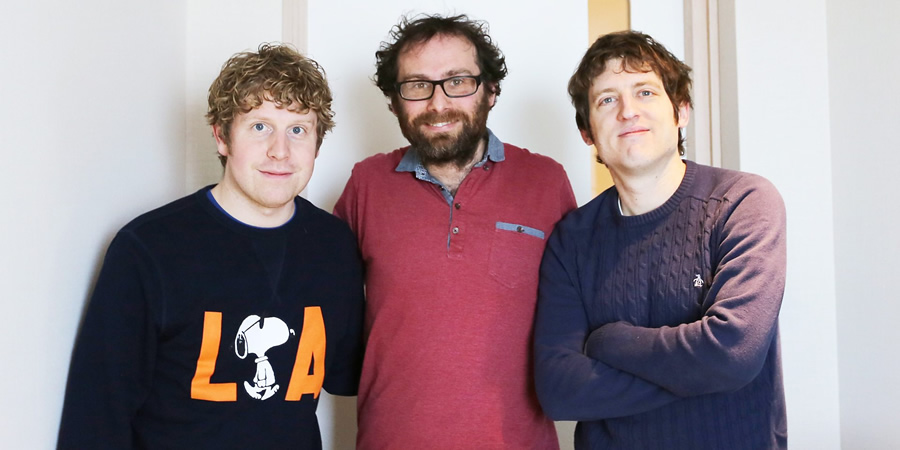 Radio 4 At The Machynlleth Comedy Festival With Elis James. Image shows from L to R: Josh Widdicombe, Henry Widdicombe, Elis James. Copyright: Little Wander