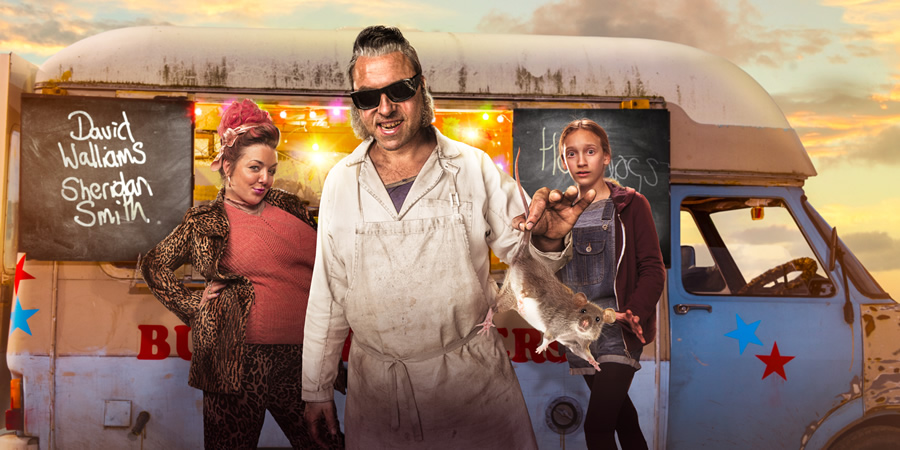 Ratburger. Image shows from L to R: Sheila (Sheridan Smith), Burt (David Walliams), Zoe (Talia Barnett). Copyright: King Bert Productions