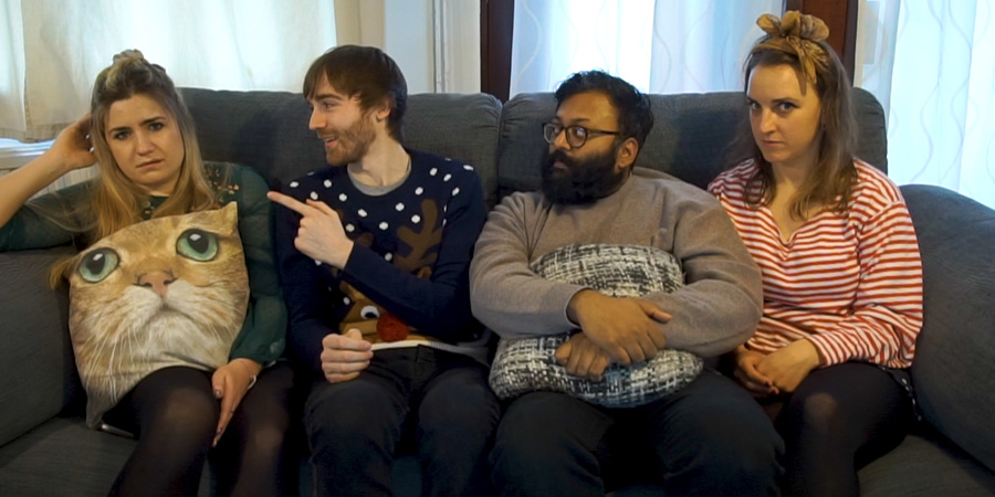 Reaction Crew. Image shows from L to R: Brianne (Harriet Kemsley), Brian (Ian Smith), Mark (Sunil Patel), Abbey (Lucy Pearman). Copyright: Turtle Canyon Comedy