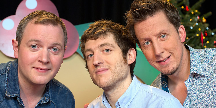 The Really Welsh Quiz. Image shows from L to R: Miles Jupp, Elis James, Chris Corcoran. Copyright: Small and Clever