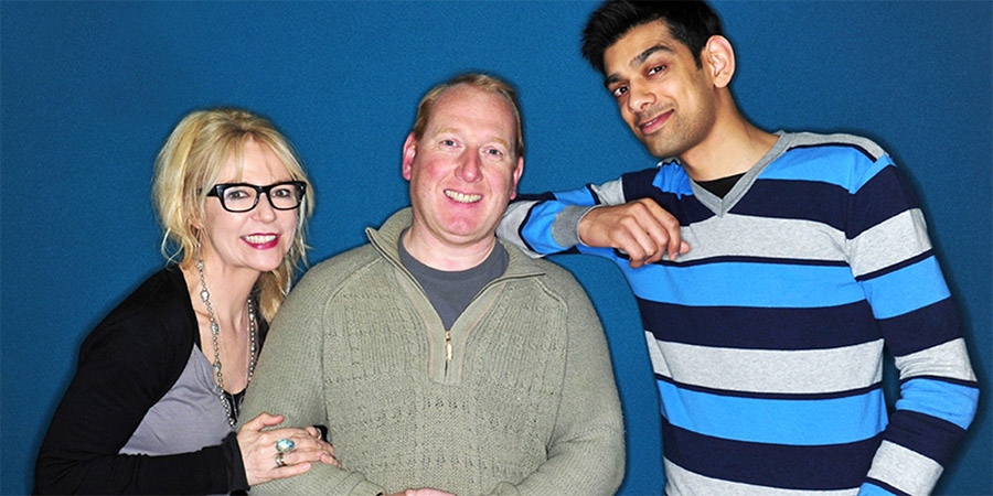 Reception. Image shows from L to R: Clarissa (Morwenna Banks), Brian (Adrian Scarborough), Danny (Amit Shah). Copyright: Avalon Television