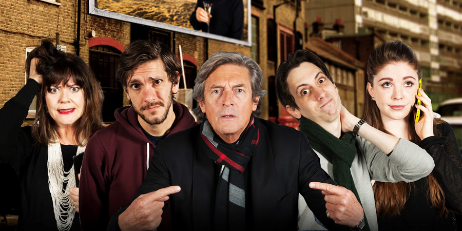 Reluctant Persuaders. Image shows from L to R: Amanda (Josie Lawrence), Joe (Mathew Baynton), Hardacre (Nigel Havers), Teddy (Rasmus Hardiker), Laura (Olivia Nixon). Copyright: ABsoLuTeLy Productions