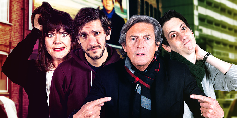 Reluctant Persuaders. Image shows from L to R: Amanda (Josie Lawrence), Joe (Mathew Baynton), Hardacre (Nigel Havers), Teddy (Rasmus Hardiker). Copyright: ABsoLuTeLy Productions