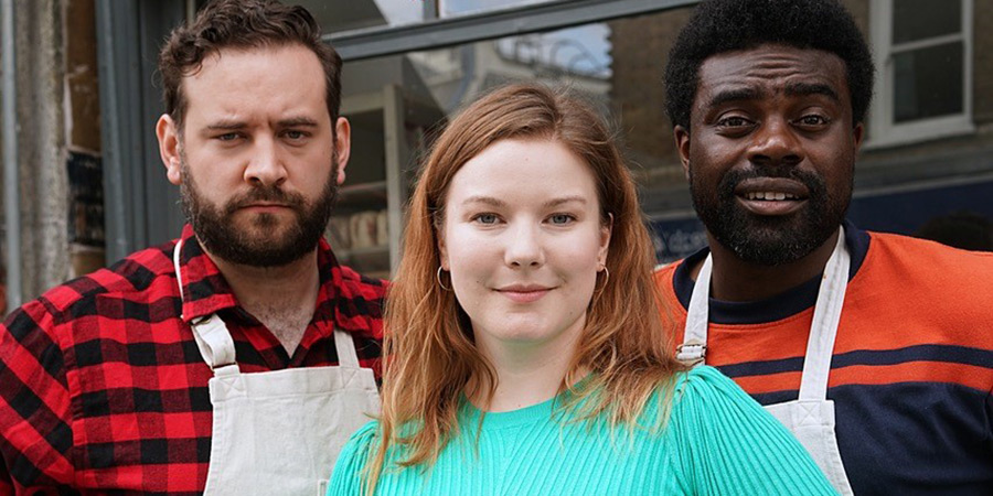 Retail Is Hell. Image shows left to right: Retail Assistant (Mathias Swann), Retail Assistant (Kara Chamberlain), Retail Assistant (Aaron Phinehas Peters)