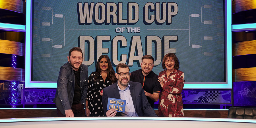 Richard Osman's World Cup Of The Decade. Image shows from L to R: Richard Osman, Rhianna Dhillon, Alex Brooker, Lorraine Kelly. Copyright: Zeppotron