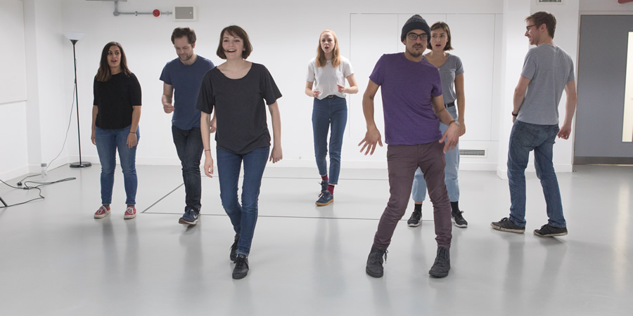 Ricky Whittington rehearsals. Image shows from L to R: Emily Lloyd Saini, David Elms, Charlotte Ritchie, Ellie White, Omar Ibrahim, Rosa Robson, Rob Carter. Copyright: Claire Haigh