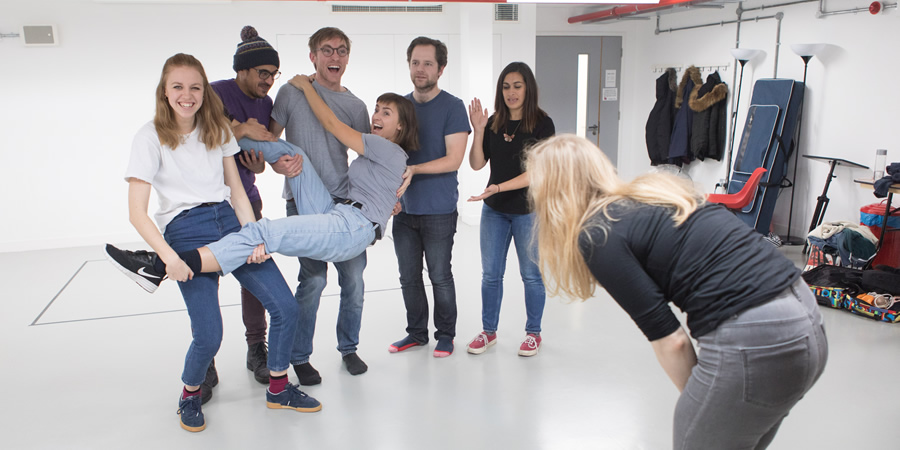 Ricky Whittington rehearsals. Image shows from L to R: Ellie White, Omar Ibrahim, Rob Carter, Rosa Robson, David Elms, Emily Lloyd Saini. Copyright: Claire Haigh