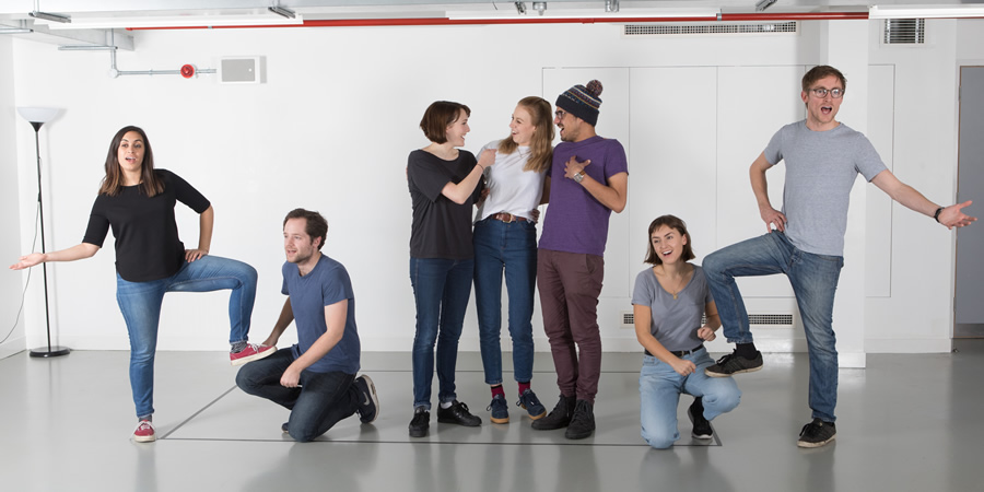 Ricky Whittington rehearsals. Image shows from L to R: Emily Lloyd Saini, David Elms, Charlotte Ritchie, Ellie White, Omar Ibrahim, Rosa Robson, Rob Carter. Copyright: Claire Haigh