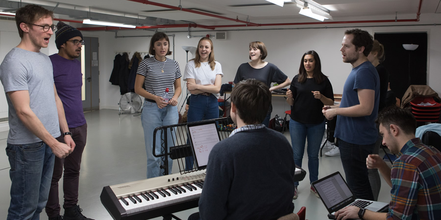 Ricky Whittington rehearsals. Image shows from L to R: Rob Carter, Omar Ibrahim, Rosa Robson, Ellie White, Charlotte Ritchie, Emily Lloyd Saini, David Elms. Copyright: Claire Haigh