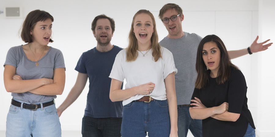 Ricky Whittington rehearsals. Image shows from L to R: Rosa Robson, David Elms, Ellie White, Rob Carter, Emily Lloyd Saini. Copyright: Claire Haigh