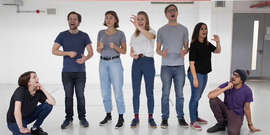 Ricky Whittington rehearsals. Image shows from L to R: Charlotte Ritchie, David Elms, Rosa Robson, Ellie White, Rob Carter, Emily Lloyd Saini, Omar Ibrahim. Copyright: Claire Haigh