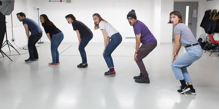 Ricky Whittington rehearsals. Image shows from L to R: David Elms, Emily Lloyd Saini, Charlotte Ritchie, Ellie White, Omar Ibrahim, Rosa Robson. Copyright: Claire Haigh