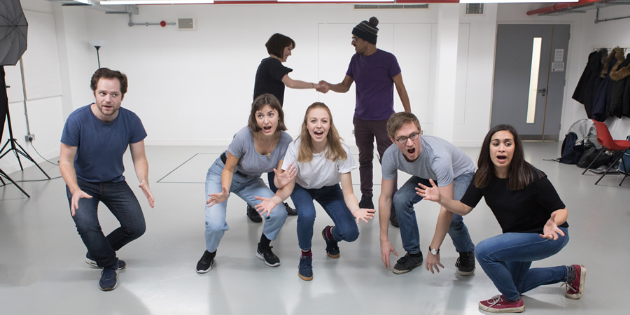 Ricky Whittington rehearsals. Image shows from L to R: David Elms, Rosa Robson, Charlotte Ritchie, Ellie White, Omar Ibrahim, Rob Carter, Emily Lloyd Saini. Copyright: Claire Haigh