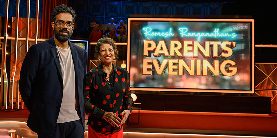 Romesh Ranganathan's Parents' Evening. Image shows left to right: Romesh Ranganathan, Shanthi Ranganathan