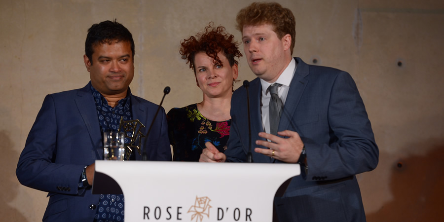 Image shows from L to R: Paul Sinha, Julia McKenzie, Ed Morrish. Copyright: Rose d'Or