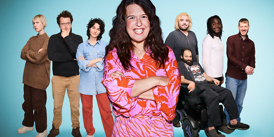 Rosie Jones's Disability Comedy Extravaganza. Image shows left to right: Eryn Tett, Jonny Pelham, Lara Ricote, Rosie Jones, Dean T Beirne, Tim Renkow, Emman Idama, David Eagle