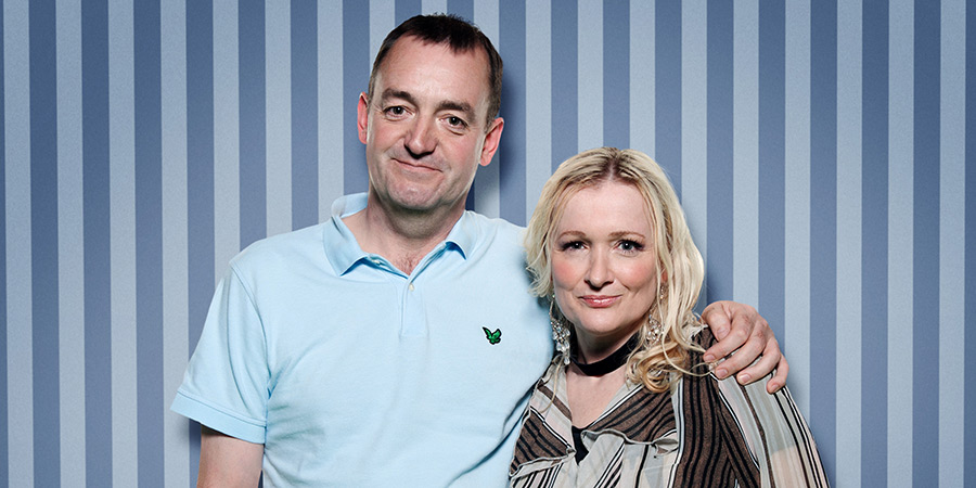 Royle Exclusive: Behind The Sofa. Image shows left to right: Craig Cash, Caroline Aherne