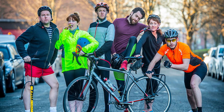 Saddled. Image shows from L to R: Mark (Greg McHugh), Sue (Sally Reid), Francis (Robin Laing), Jack (Richard Rankin), Dawn (Lucianne McEvoy), Brennan (Richard Gadd)