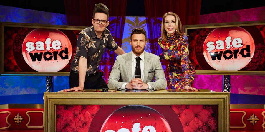 Safeword. Image shows from L to R: David Morgan, Rick Edwards, Katherine Ryan. Copyright: STV Productions / GroupM Entertainment