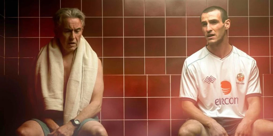 Saipan. Image shows left to right: Mick McCarthy (Steve Coogan), Roy Keane (Éanna Hardwicke)