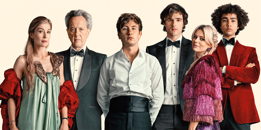 Saltburn. Image shows left to right: Elspeth Catton (Rosamund Pike), Sir James Catton (Richard E. Grant), Oliver Quick (Barry Keoghan), Felix Catton (Jacob Elordi), Venetia Catton (Alison Oliver), Farleigh Start (Archie Madekwe)