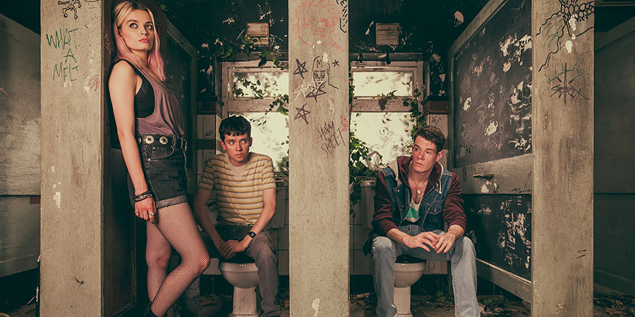 Sex Education. Image shows from L to R: Maeve Wiley (Emma Mackey), Otis Milburn (Asa Butterfield), Adam Groff (Connor Swindells). Copyright: Eleven Film