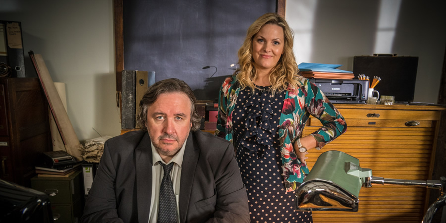 Shakespeare & Hathaway - Private Investigators. Image shows from L to R: Frank Hathaway (Mark Benton), Luella Shakespeare (Jo Joyner). Copyright: BBC