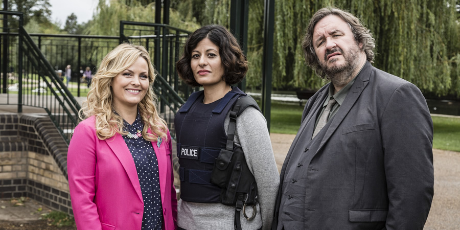 Shakespeare & Hathaway - Private Investigators. Image shows from L to R: Luella Shakespeare (Jo Joyner), DI Marlowe (Amber Aga), Frank Hathaway (Mark Benton)