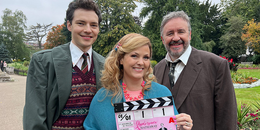 Shakespeare & Hathaway - Private Investigators. Image shows left to right: Sebastian Brudenell (Patrick Walshe McBride), Luella Shakespeare (Jo Joyner), Frank Hathaway (Mark Benton). Credit: BBC Studios