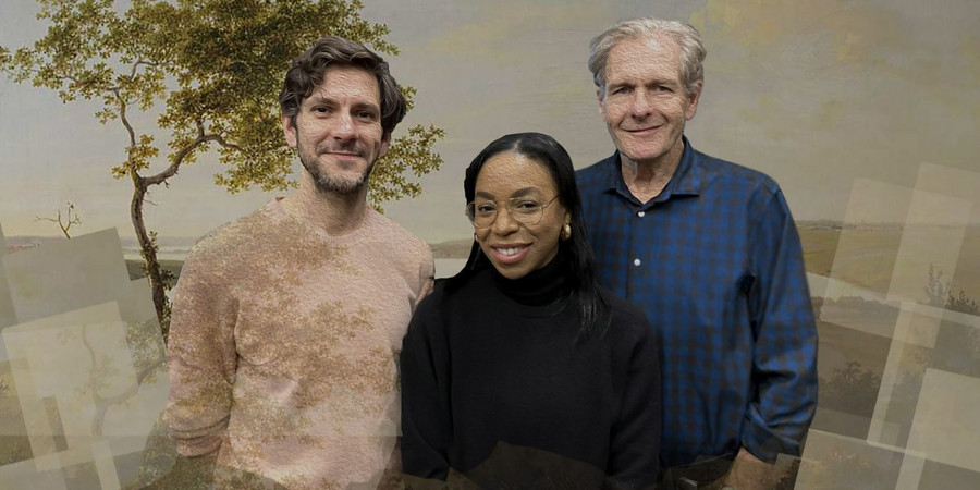 She Stoops To Conquer. Image shows left to right: Marlow (Mathew Baynton), Kate Hardcastle (Pippa Bennett-Warner), Mr Hardcastle (Robert Bathurst). Credit: BBC