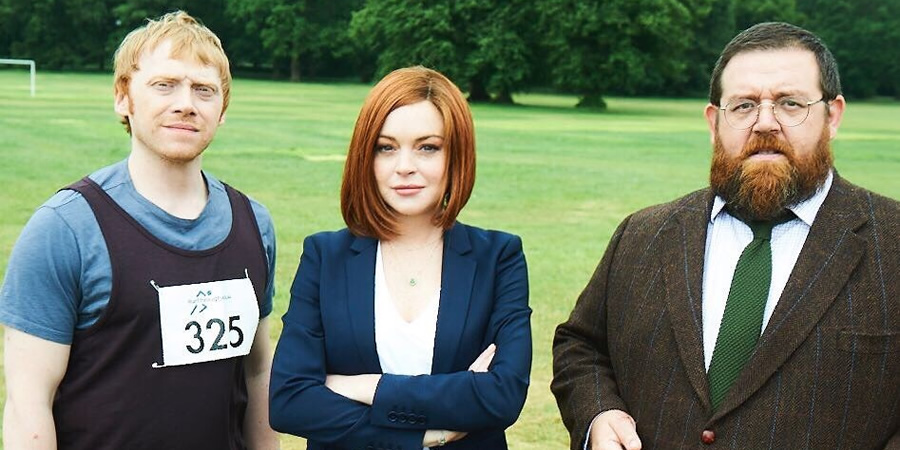 Sick Note. Image shows from L to R: Daniel Glass (Rupert Grint), Katerina West (Lindsay Lohan), Dr Iain Glennis (Nick Frost). Copyright: King Bert Productions