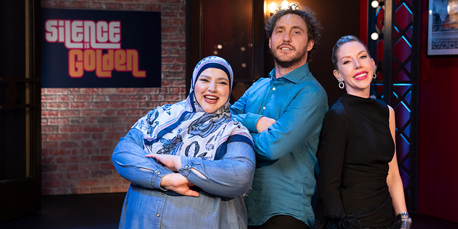 Silence Is Golden. Image shows left to right: Fatiha El-Ghorri, Seann Walsh, Katherine Ryan. Credit: UKTV Silence Is Golden. Image shows left to right: Fatiha El-Ghorri, Seann Walsh, Katherine Ryan. Credit: UKTV