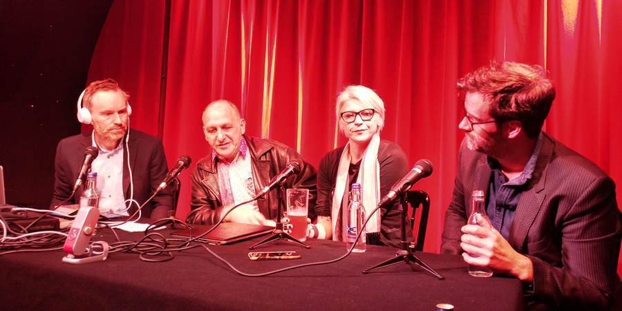 Sitcom Geeks Episode 100. Image shows from L to R: James Cary, Dave Cohen, Sarah Morgan, Marcus Brigstocke