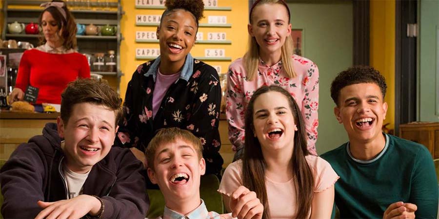 So Awkward. Image shows left to right: Sid (Raif Clarke), Ollie Coulton (Archie Lyndhurst), Jas Salford (Ameerah Falzon-Ojo), Lily Hampton (Cleo Demetriou), Martha Fitzgerald (Sophia Dall'Aglio), Rob Edwards (Samuel Small). Credit: Channel X North